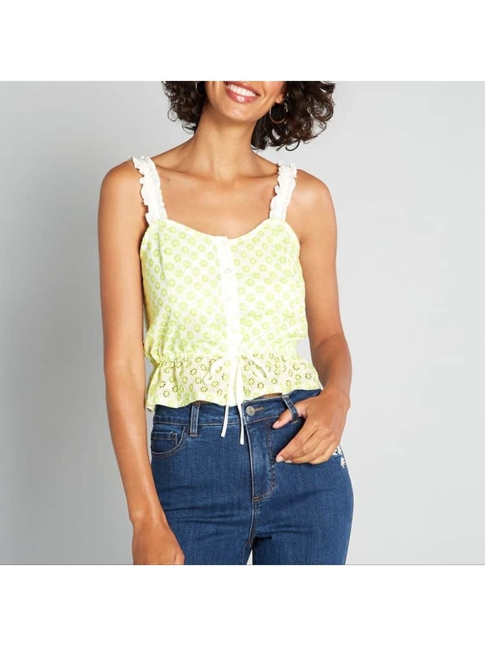 ModCloth White Cotton Embroidered Floral Peplum Tank Top 1X